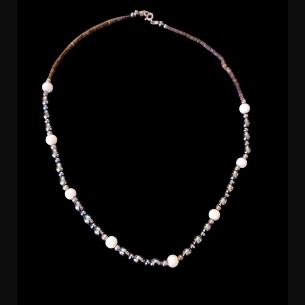 925 Sterling Silver Boho Natural Stone Wood Bead 17.75" Long Necklace